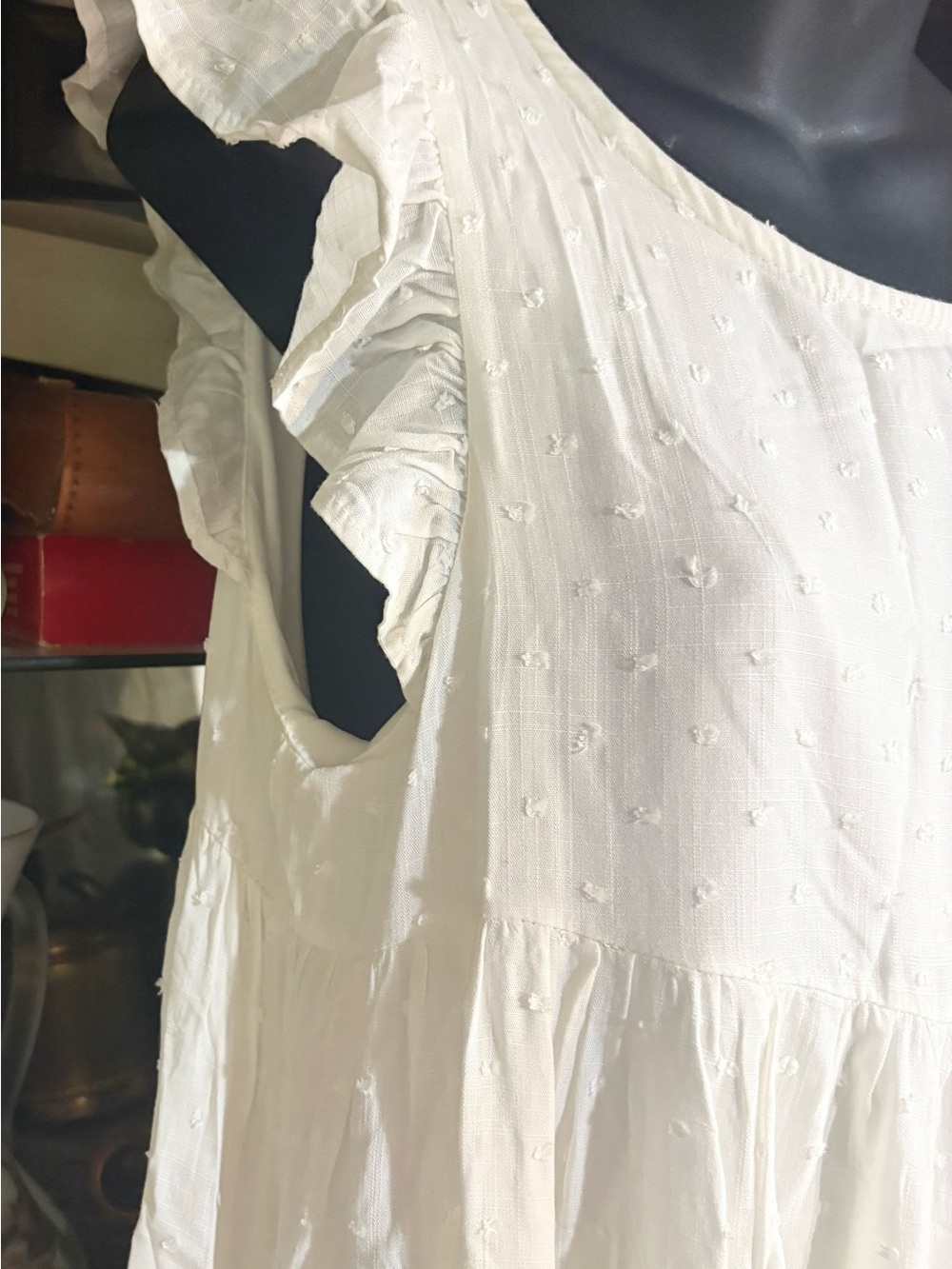 Everly White  babydoll-style mini dress delicate ruffle cap sleeves medium - Picture 3 of 10